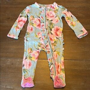 Posh Peanut Turquoise with Pink Flowers Footie Ruffled Zippered Sleeper